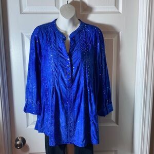 Ava & Grace Sparkly Top Tunic Blouse 3/4 Roll up Tab Sleeve  Size L Embroidered
